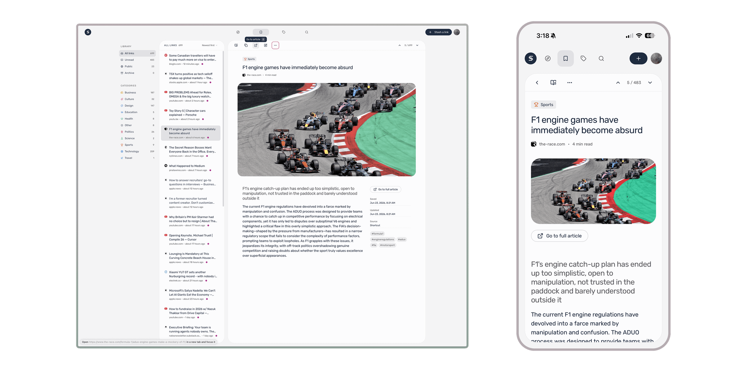 The reader and library list, composed from one consistent design system across desktop and mobile
